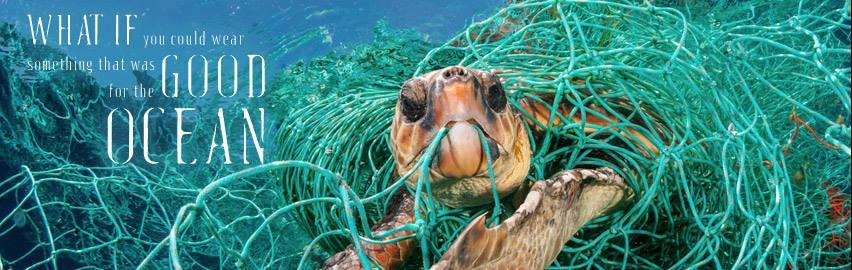 Ocean Positive swimwear banner from fourth element with trapped turtle