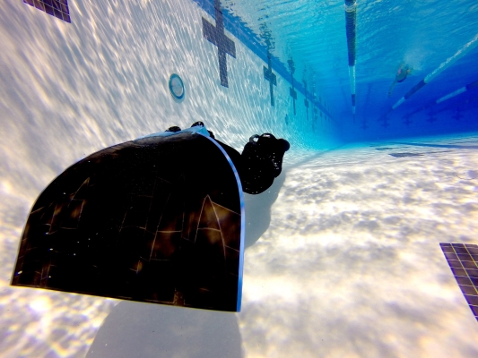 Beginners guide to freediving Using a monofin for Freediving - Freediver training in the pool with a monofin – Photo by Nathan Lucas