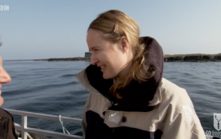 BBC Britain's Secret Seas, the power of the East, Emma Farrell chatting with Paul Rose in the Farne Islands 2