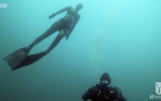 BBC Britain's Secret Seas, the power of the East, Emma Farrell freediving with Paul Rose on Scuba in the Farne Islands 7